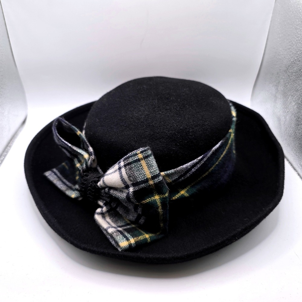 Deborah Rhodes Mocha Black Wool Felt Cloche Hat Plaid Bow Made in USA Size 7